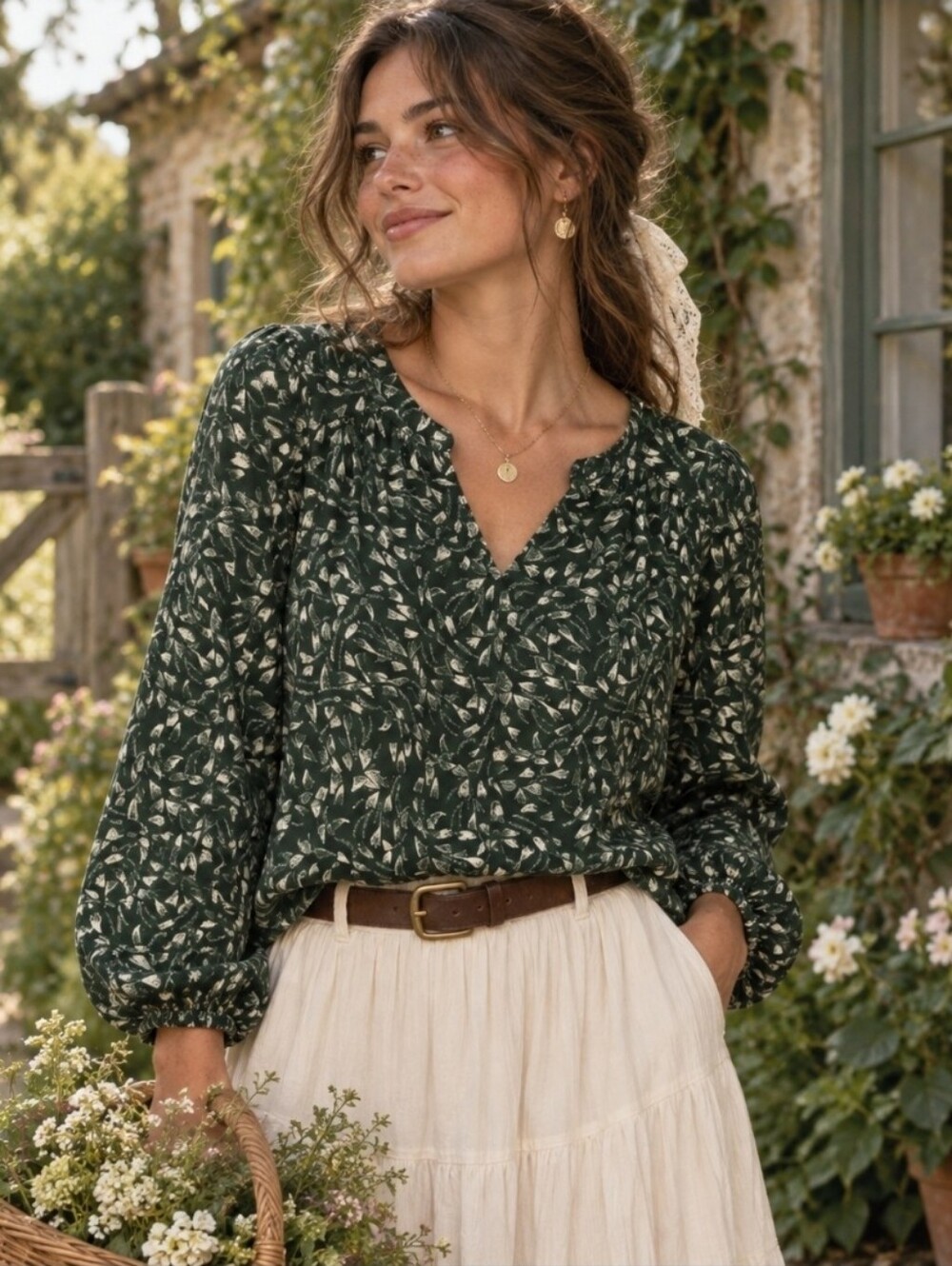 Pact Forest Green Printed Long-Sleeve Sustanable Organic Cotton Peasant Top M